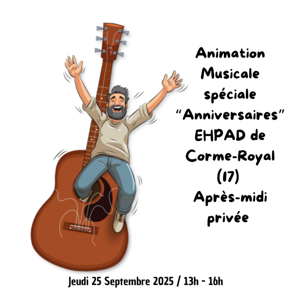 <!-- wp:paragraph -->
<p>2005 : Animation Privée "Anniversaires" en EHPAD de Corme Royal</p>
<!-- /wp:paragraph -->

<!-- wp:paragraph -->
<p></p>
<!-- /wp:paragraph -->