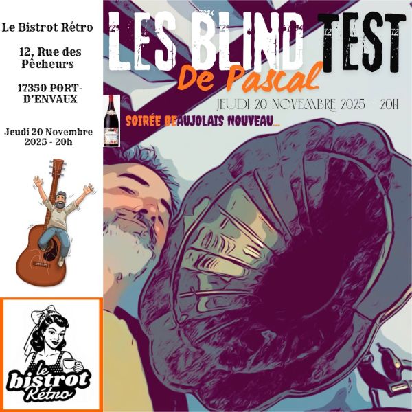 <!-- wp:paragraph -->
<p>20h : Le Bistrot Retro, 17350 PORT D'ENVAUX </p>
<!-- /wp:paragraph -->